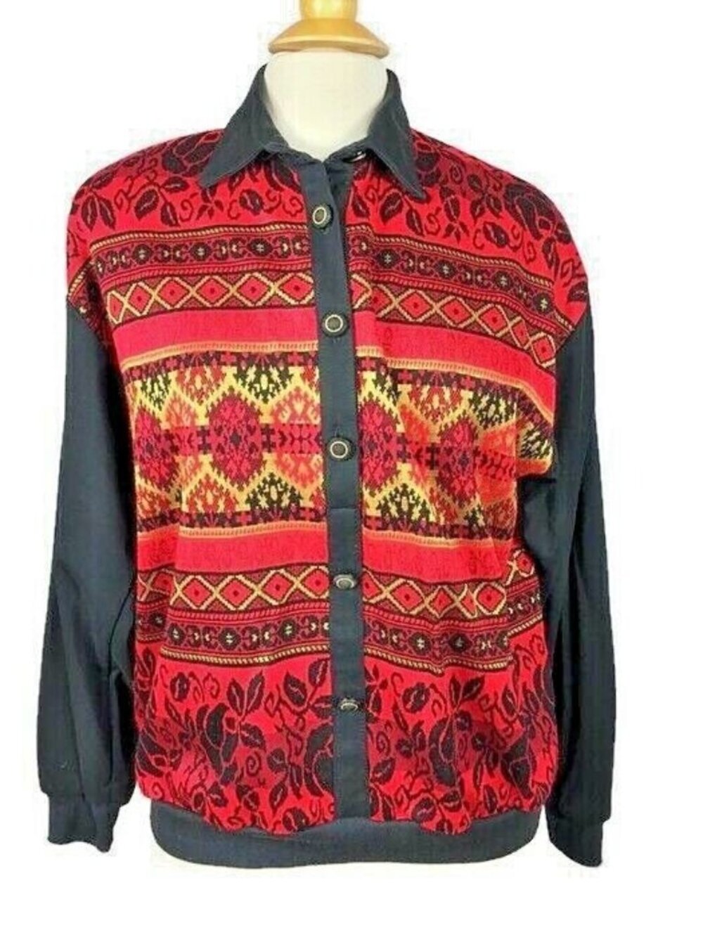 Vintage Matches Button-Up Cardigan Sweater Red Black Floral Knit Long Sleeve